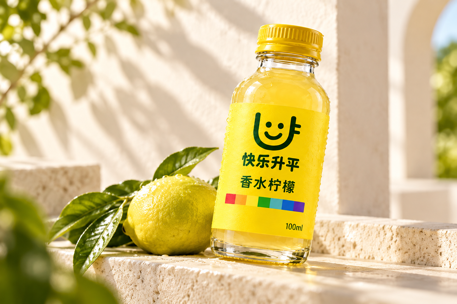 阳光下的快乐升平香水柠檬100ml原汁包装设计,黄色瓶签、绿色笑脸与七色条